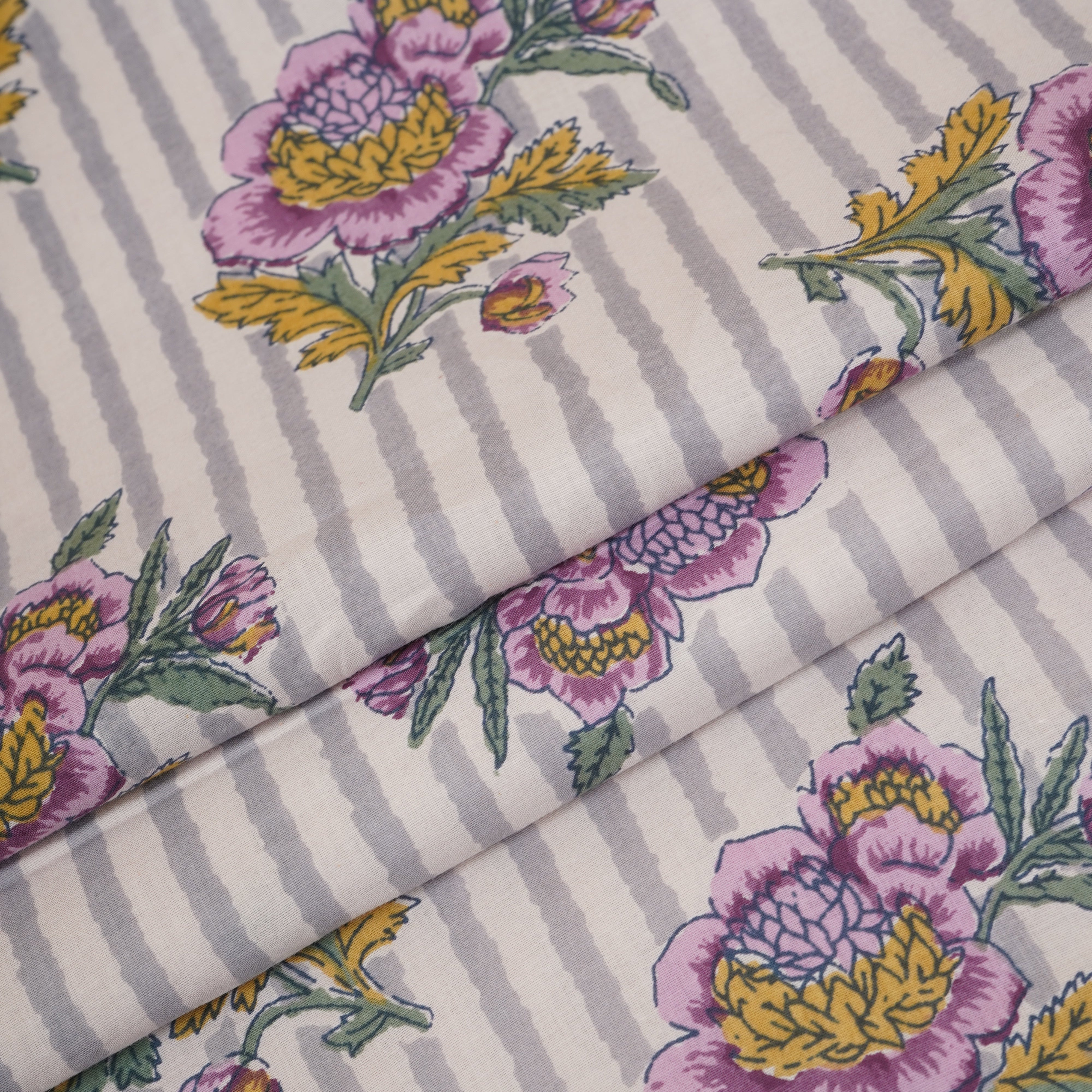 Off White & Grey Stripes Floral Print Cotton Fabric PB-29732 - TradeUNO