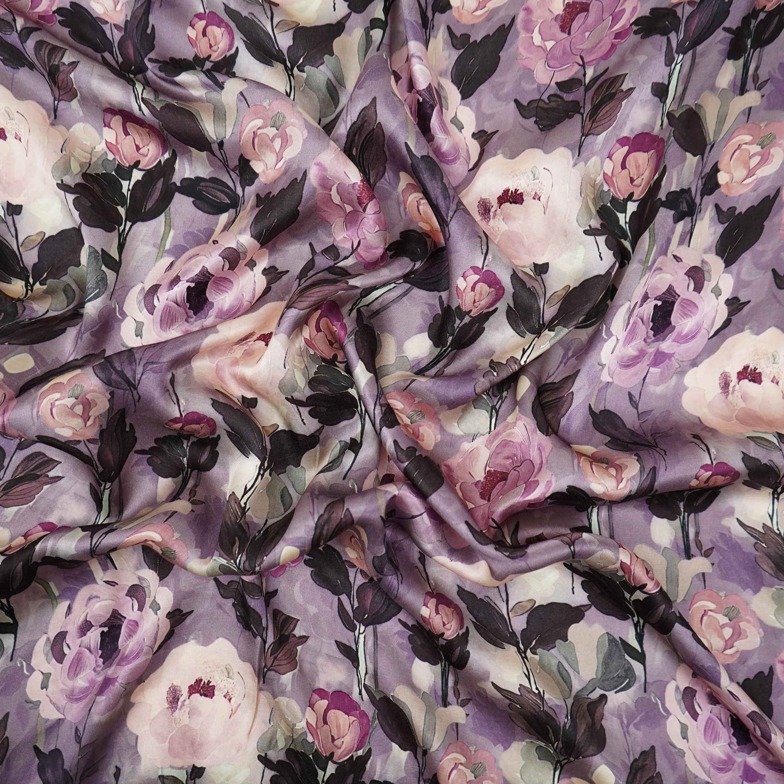 Purple floral print Silk Satin Fabric NVC-31579 - TradeUNO