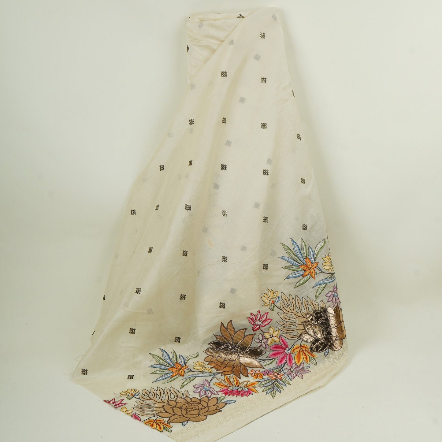 Off White Multicolor Floral Embroidery Pure Banaras Mul Chanderi Fabric SGS-30701