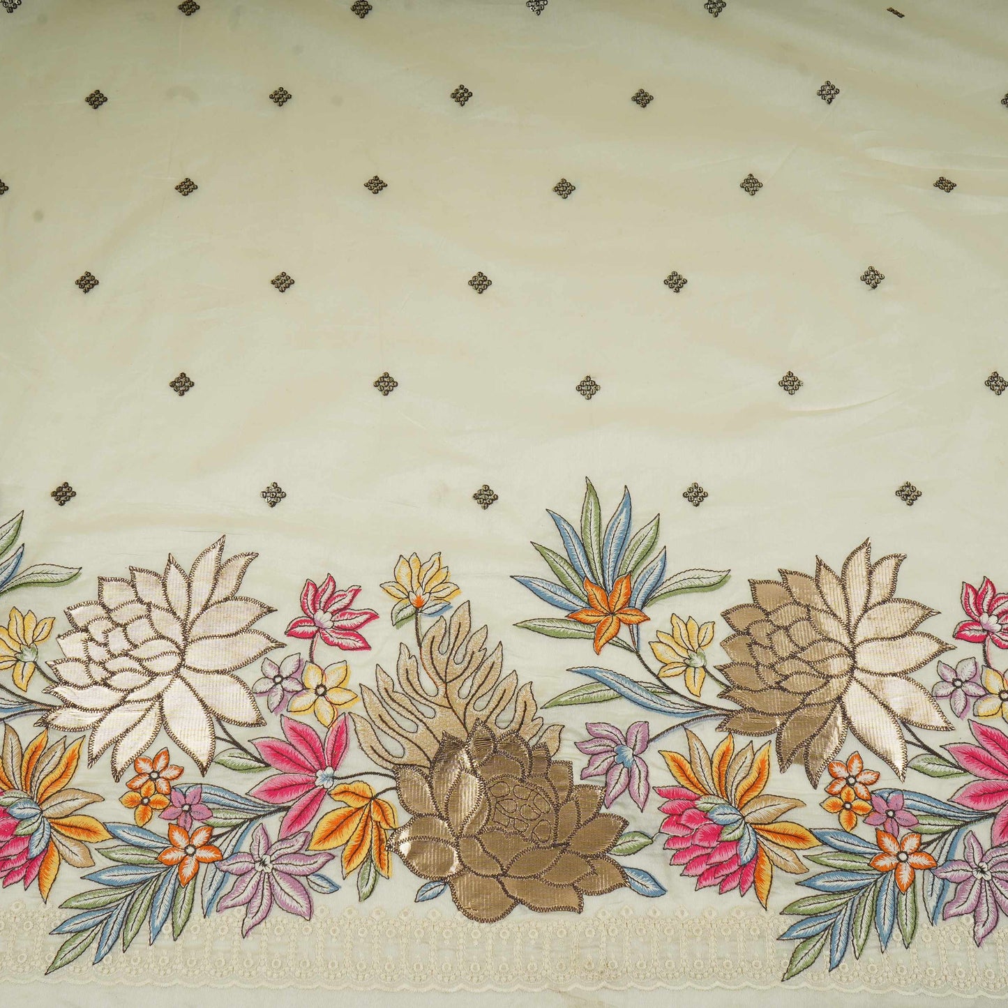 Off White Multicolor Floral Embroidery Pure Banaras Mul Chanderi Fabric SGS-30701