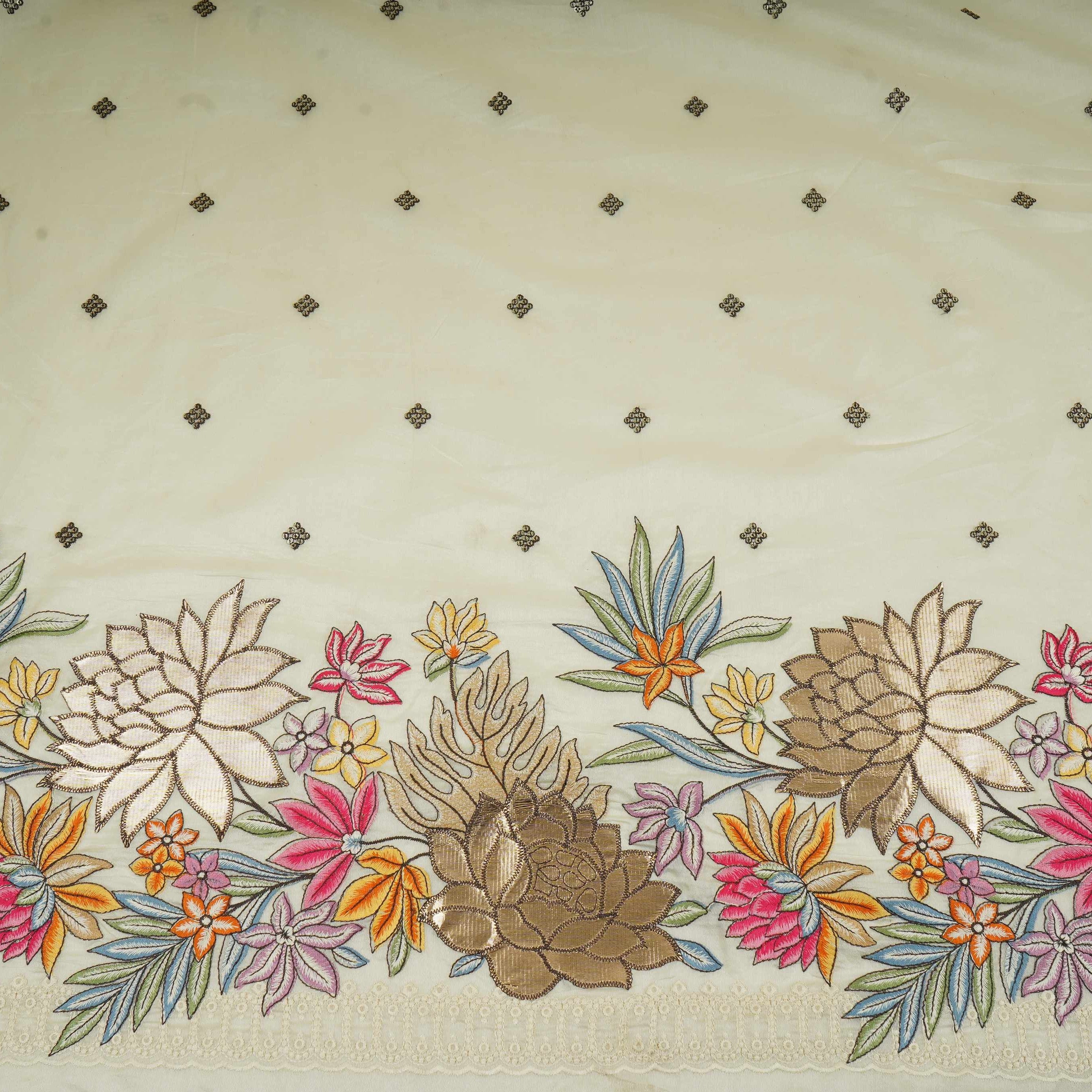 Off White Multicolor Floral Embroidery Pure Banaras Mul Chanderi Fabric SGS-30701 - TradeUNO
