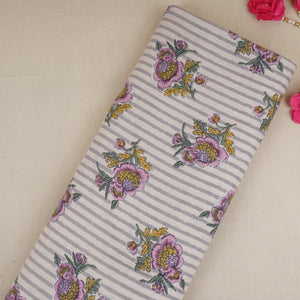 Off White & Grey Stripes Floral Print Cotton Fabric PB-29732 - TradeUNO