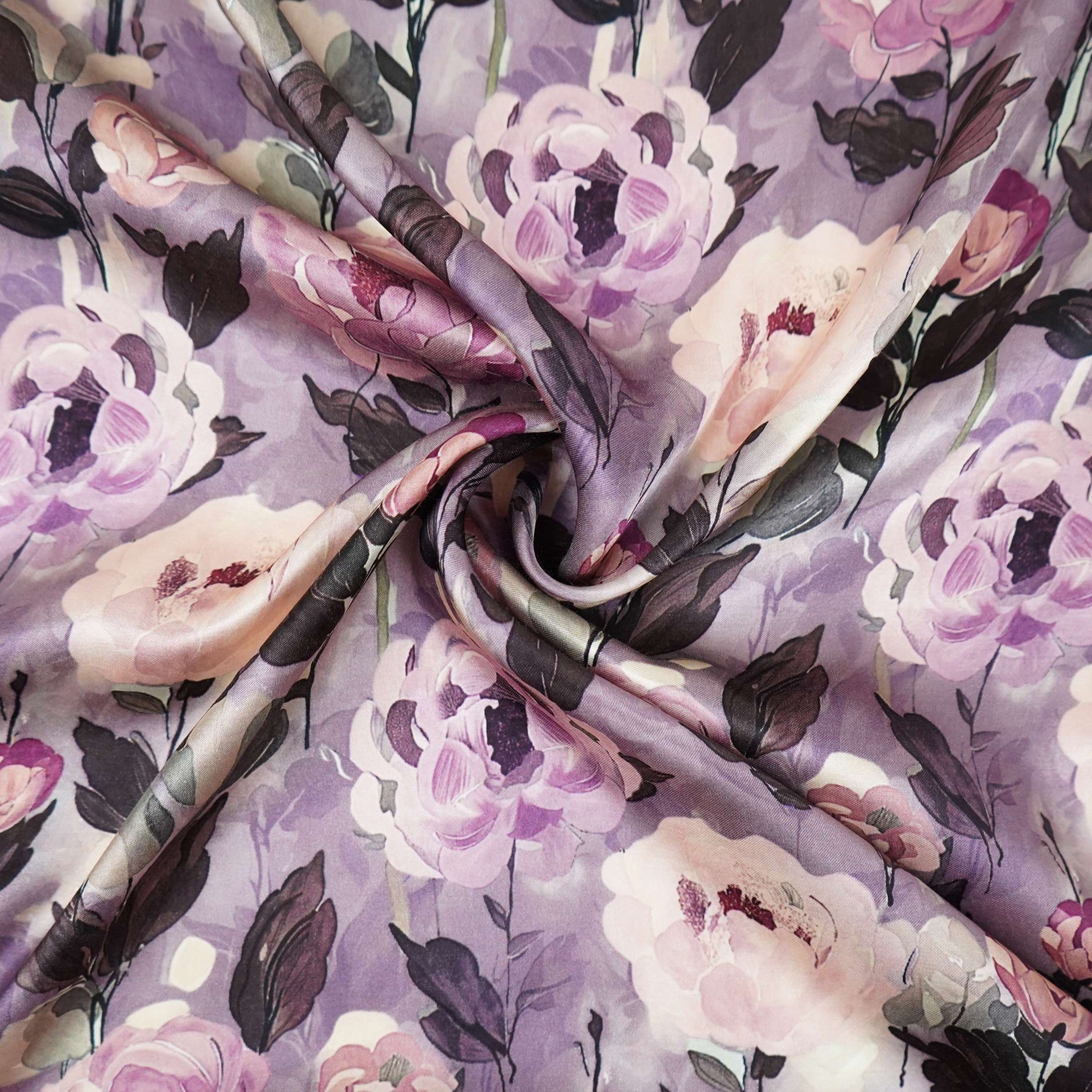 Purple floral print Silk Satin Fabric NVC-31579 - TradeUNO