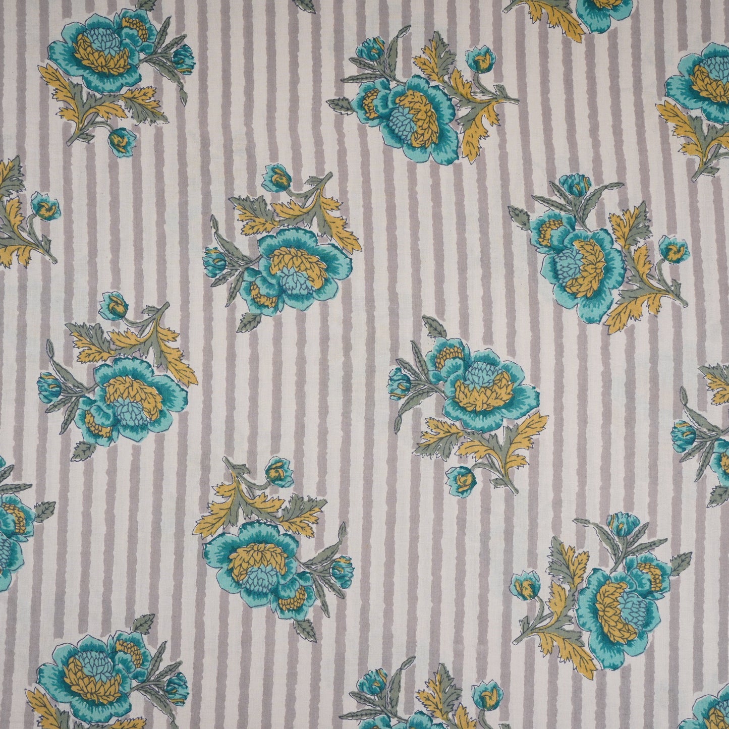 Off White & Blue Stripes Floral Print Cotton Fabric PB-29734
