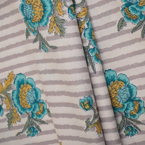 Off White & Blue Stripes Floral Print Cotton Fabric PB-29734 - TradeUNO