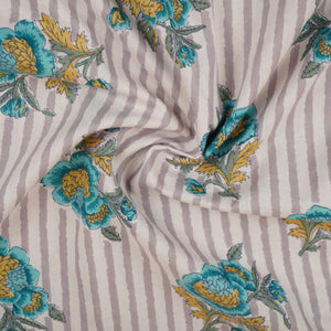 Off White & Blue Stripes Floral Print Cotton Fabric PB-29734 - TradeUNO