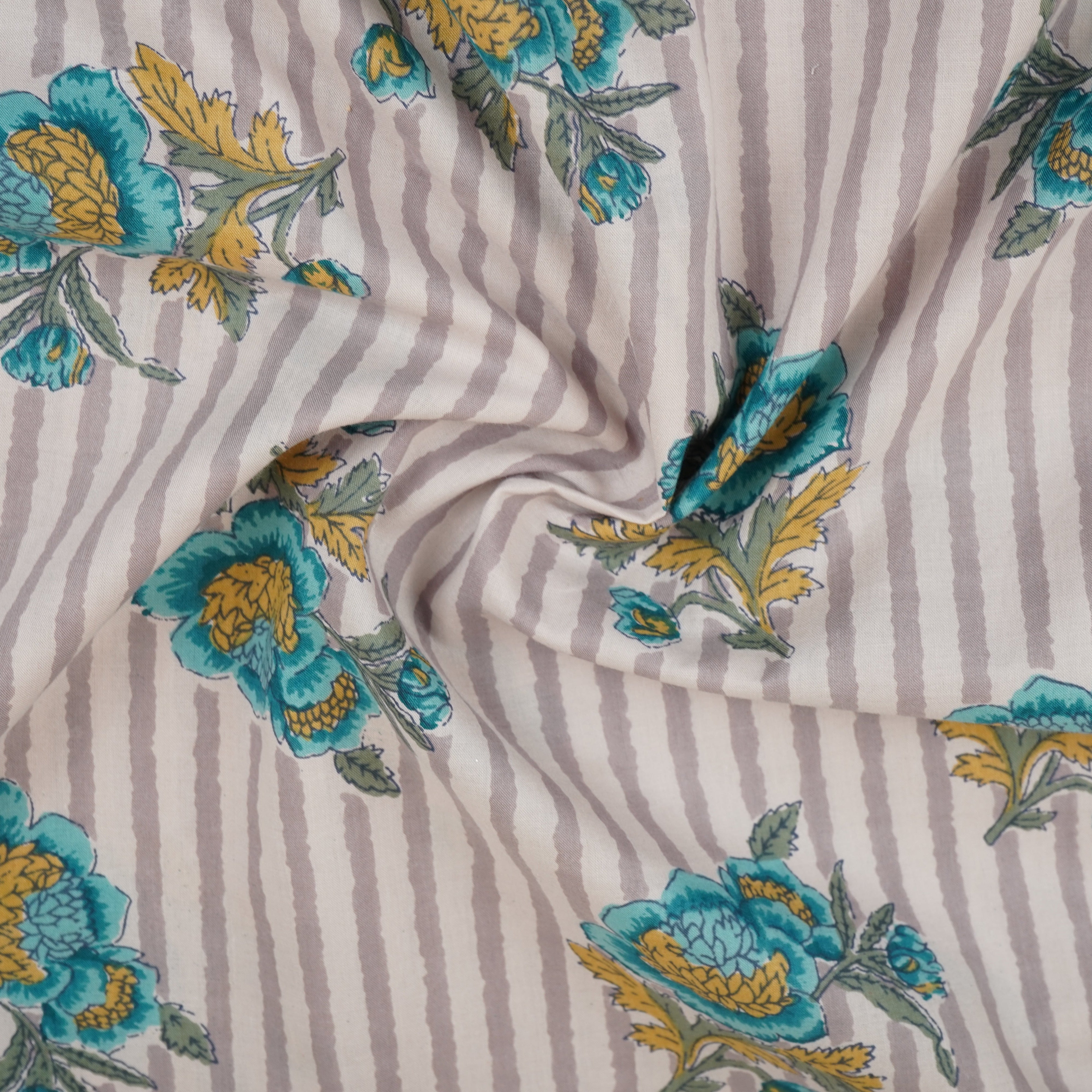 Off White & Blue Stripes Floral Print Cotton Fabric PB-29734 - TradeUNO