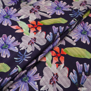 Navy Blue floral print Silk Satin Fabric NVC-31576 - TradeUNO