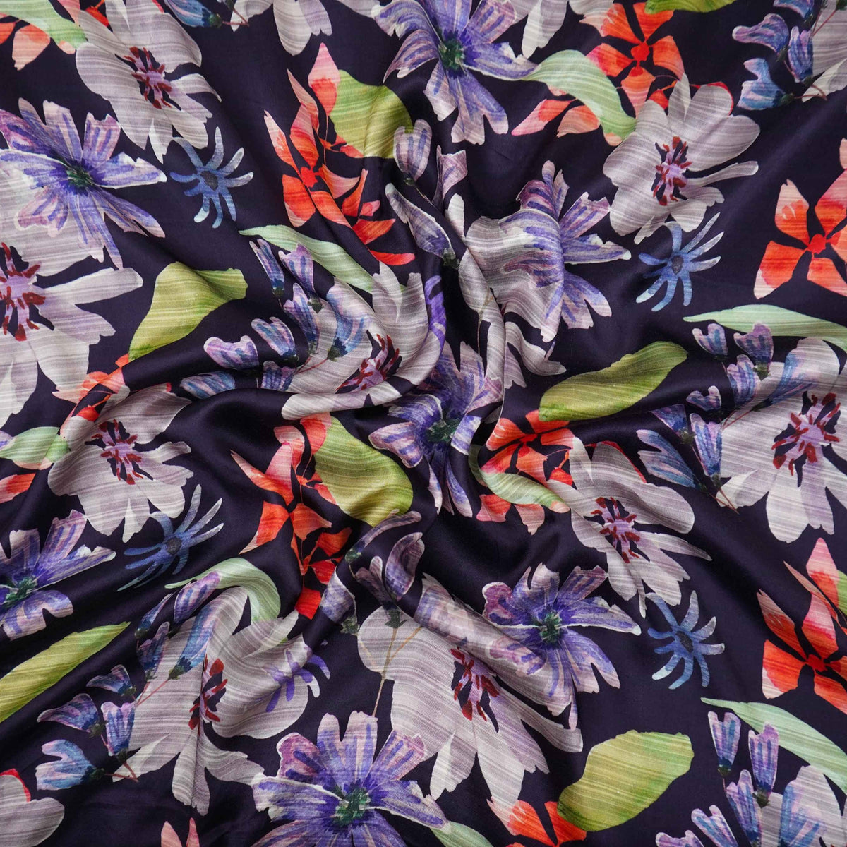 Navy Blue floral print Silk Satin Fabric NVC-31576 - TradeUNO