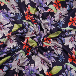 Navy Blue floral print Silk Satin Fabric NVC-31576 - TradeUNO
