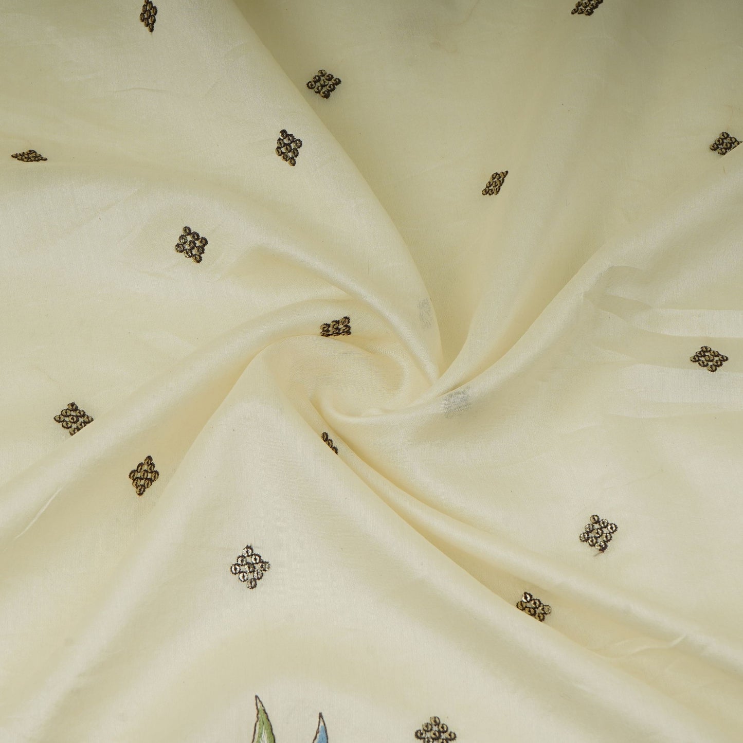 Off White Multicolor Floral Embroidery Pure Banaras Mul Chanderi Fabric SGS-30701