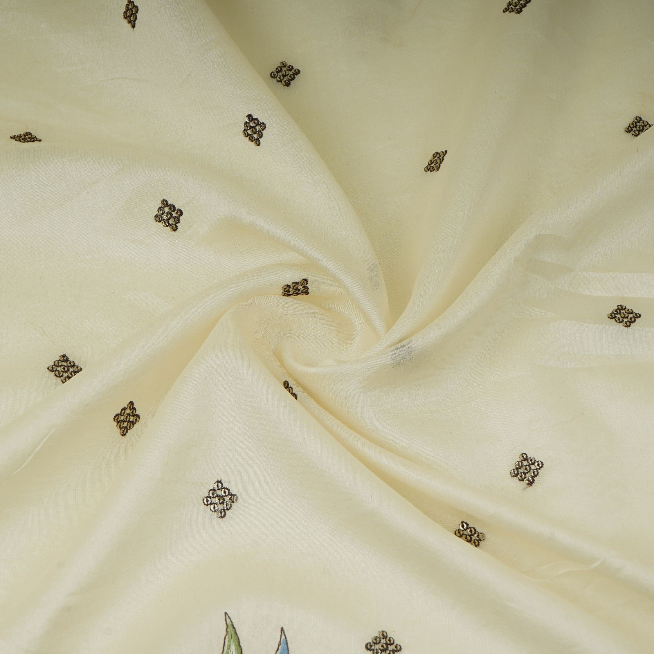 Off White Multicolor Floral Embroidery Pure Banaras Mul Chanderi Fabric SGS-30701 - TradeUNO