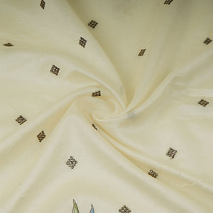 Off White Multicolor Floral Embroidery Pure Banaras Mul Chanderi Fabric SGS-30701 - TradeUNO