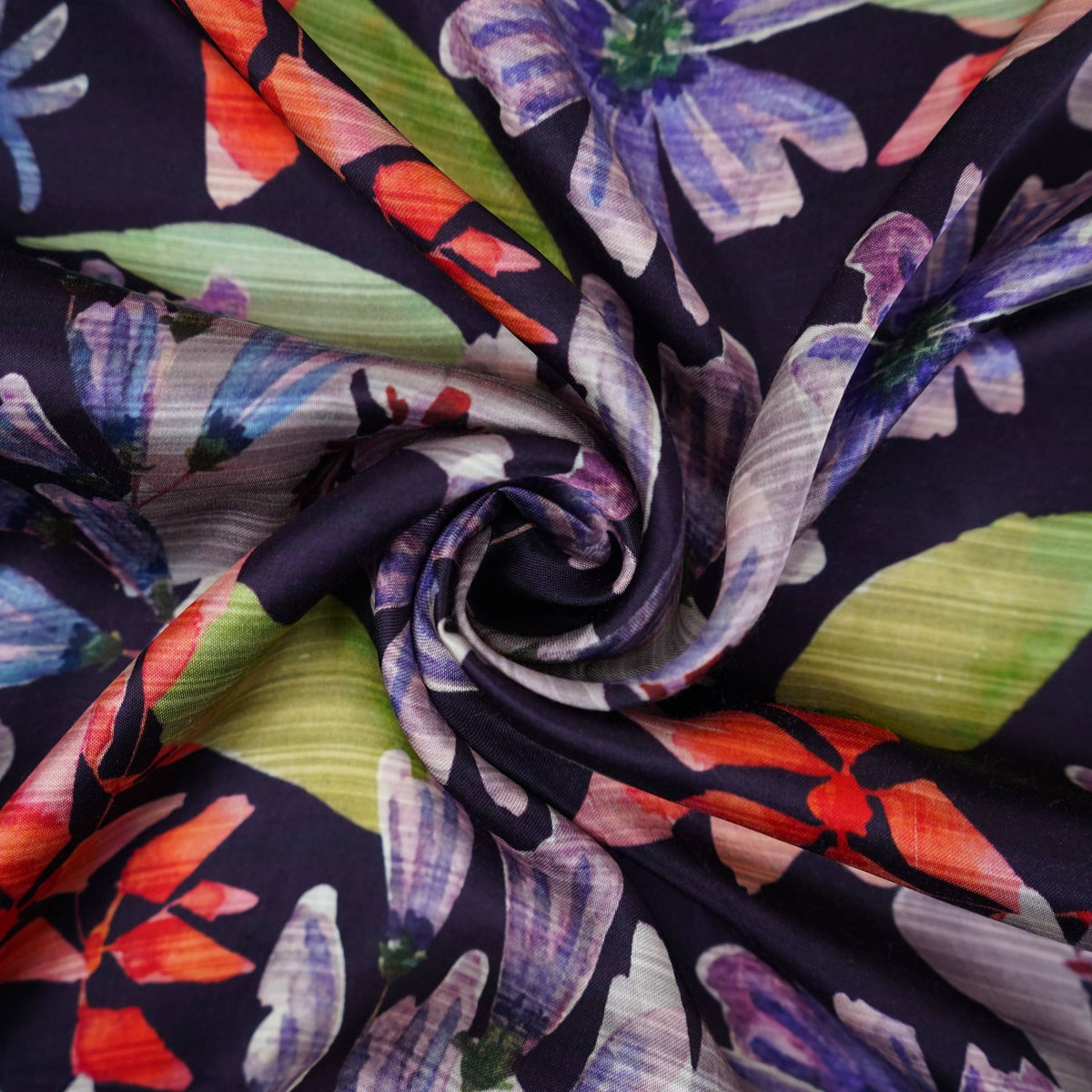 Navy Blue floral print Silk Satin Fabric NVC-31576 - TradeUNO