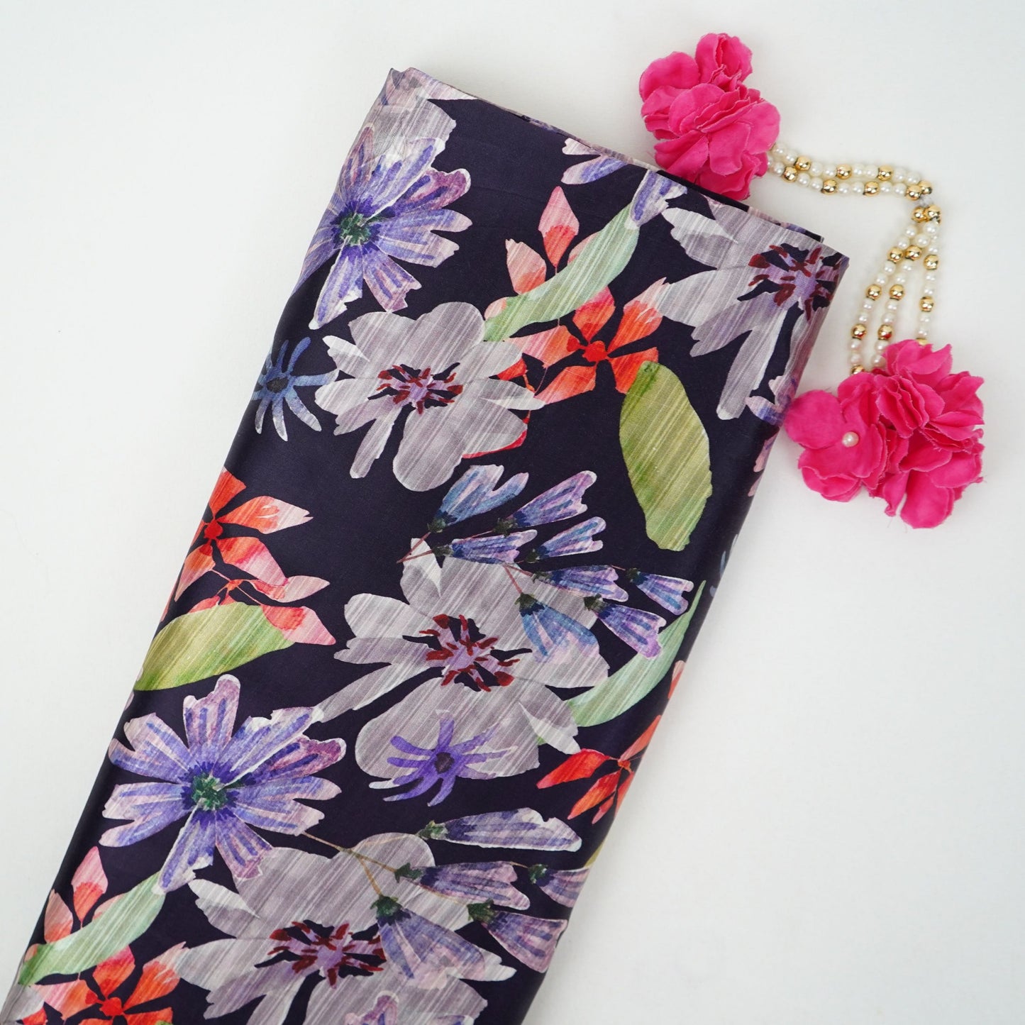 Navy Blue floral print Silk Satin Fabric NVC-31576