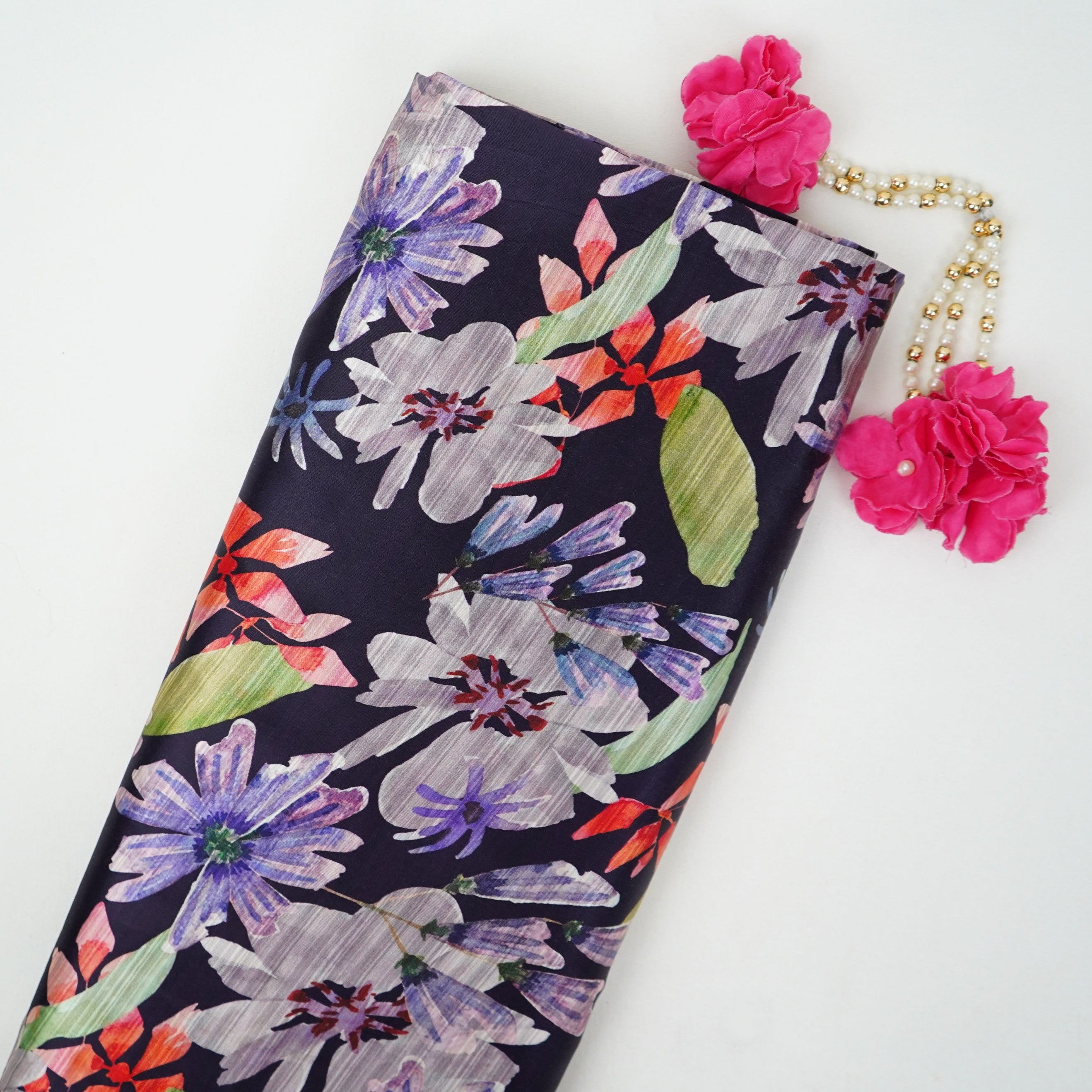 Navy Blue floral print Silk Satin Fabric NVC-31576 - TradeUNO