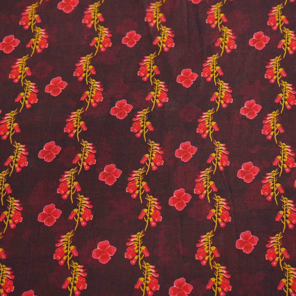 Maroon Floral Print Natural Crepe Fabric 