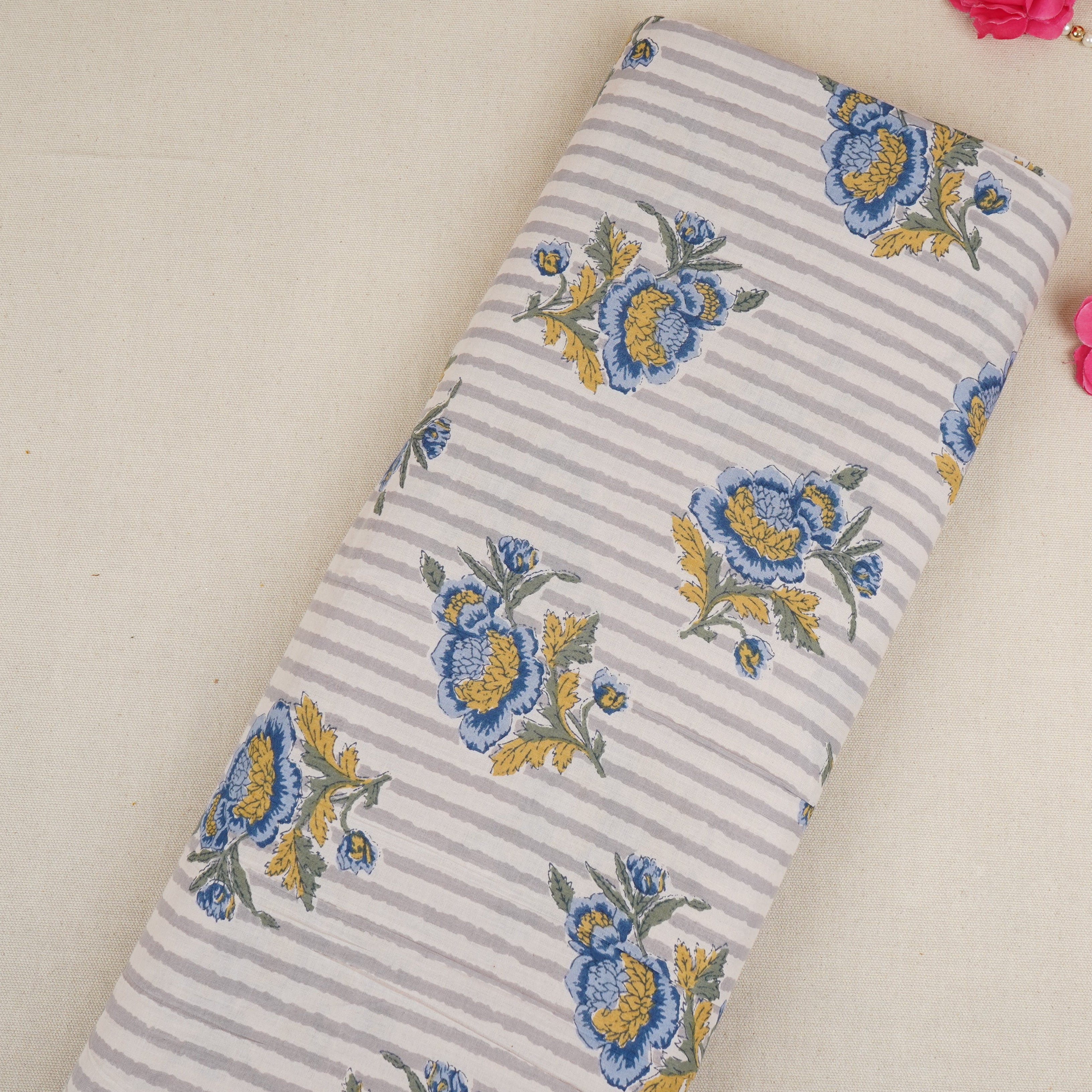 Off White & Blue Floral Stripes Print Cotton Fabric PB-29733 - TradeUNO