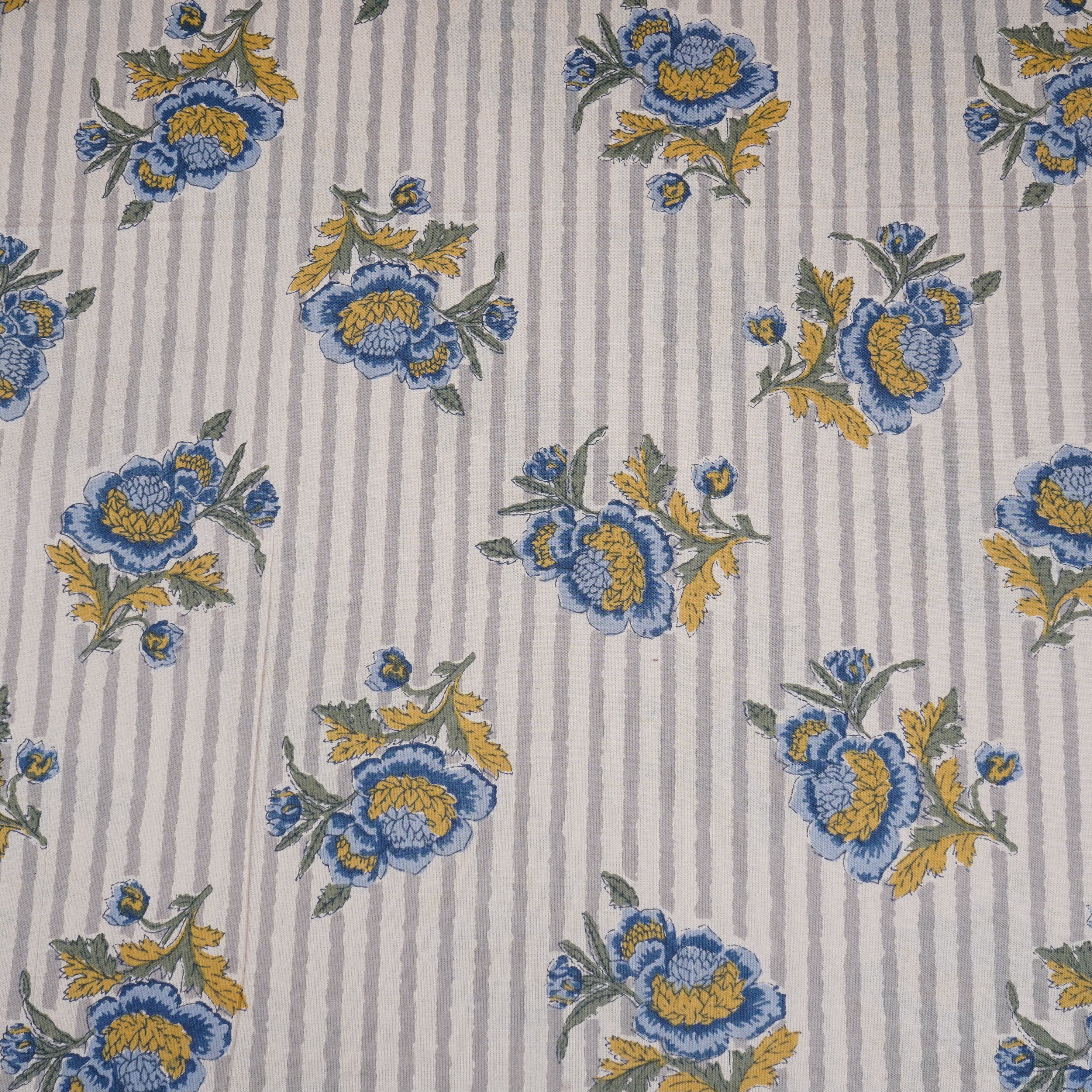 Off White & Blue Floral Stripes Print Cotton Fabric PB-29733 - TradeUNO