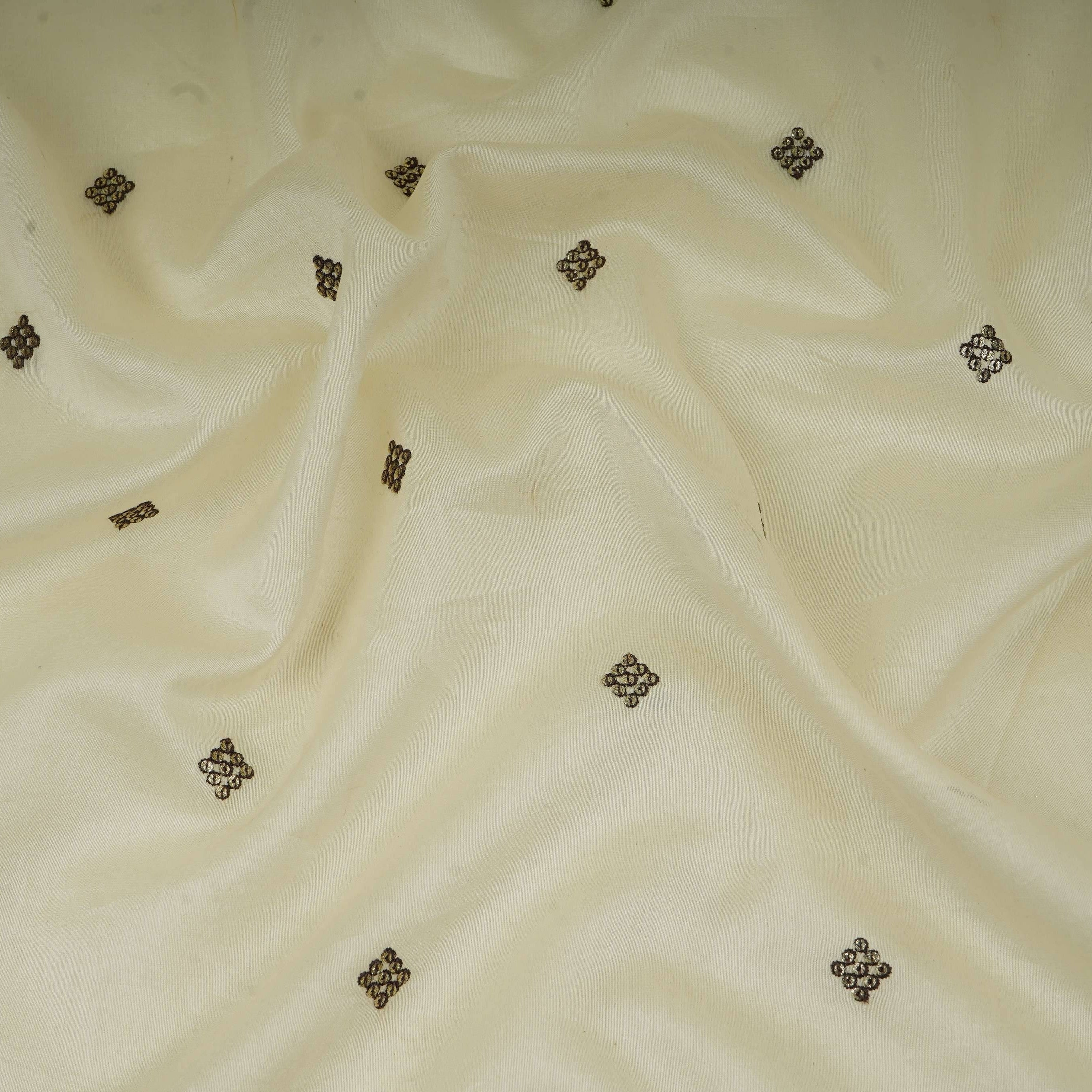 Off White Multicolor Floral Embroidery Pure Banaras Mul Chanderi Fabric SGS-30701 - TradeUNO