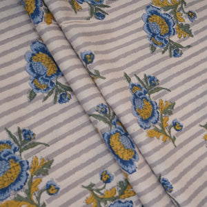 Off White & Blue Floral Stripes Print Cotton Fabric PB-29733 - TradeUNO