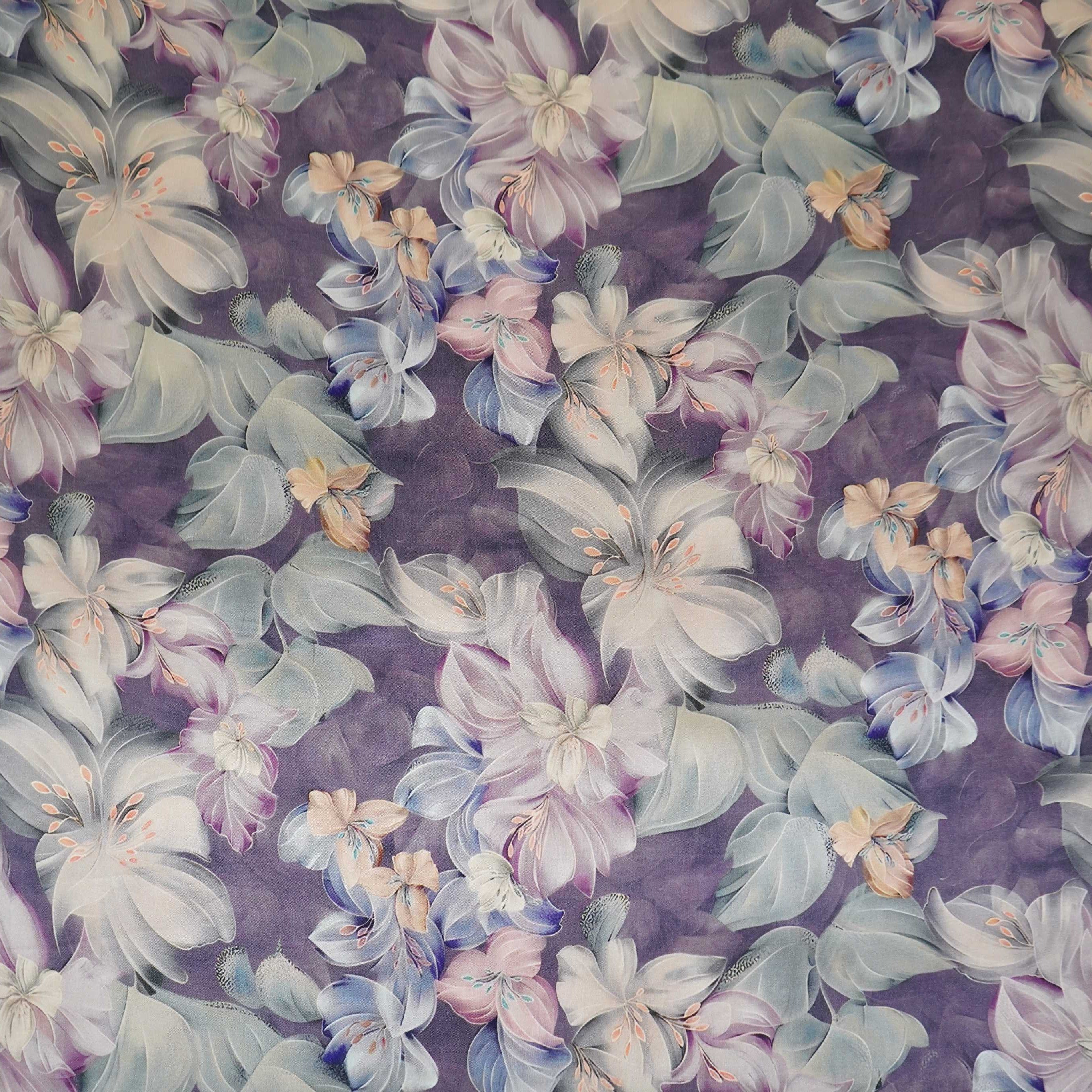 Greyish Purple floral print Silk Satin Fabric NVC-31573 - TradeUNO