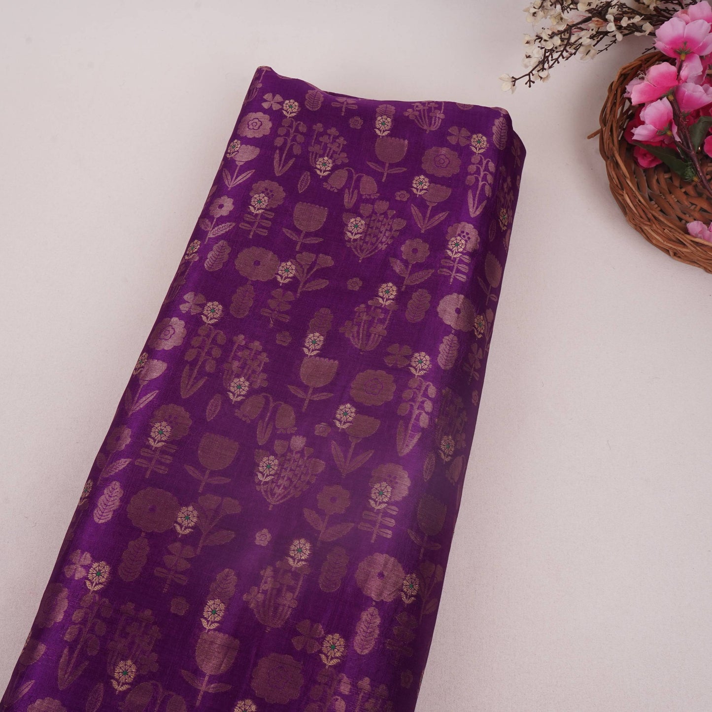 Purple Floral Zari Boota Dupion Silk Tissue Fabric YHF-32853