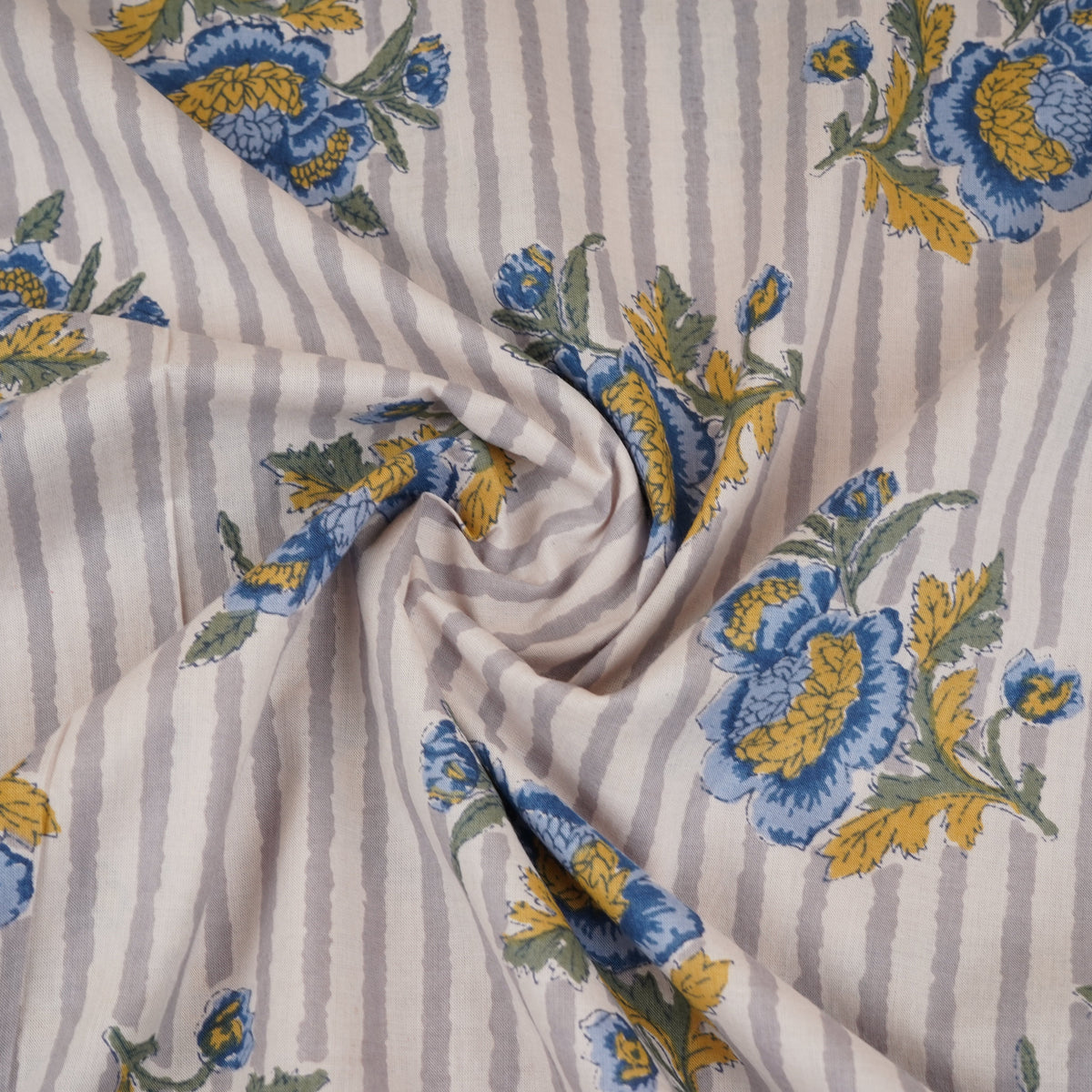Off White & Blue Floral Stripes Print Cotton Fabric PB-29733 - TradeUNO