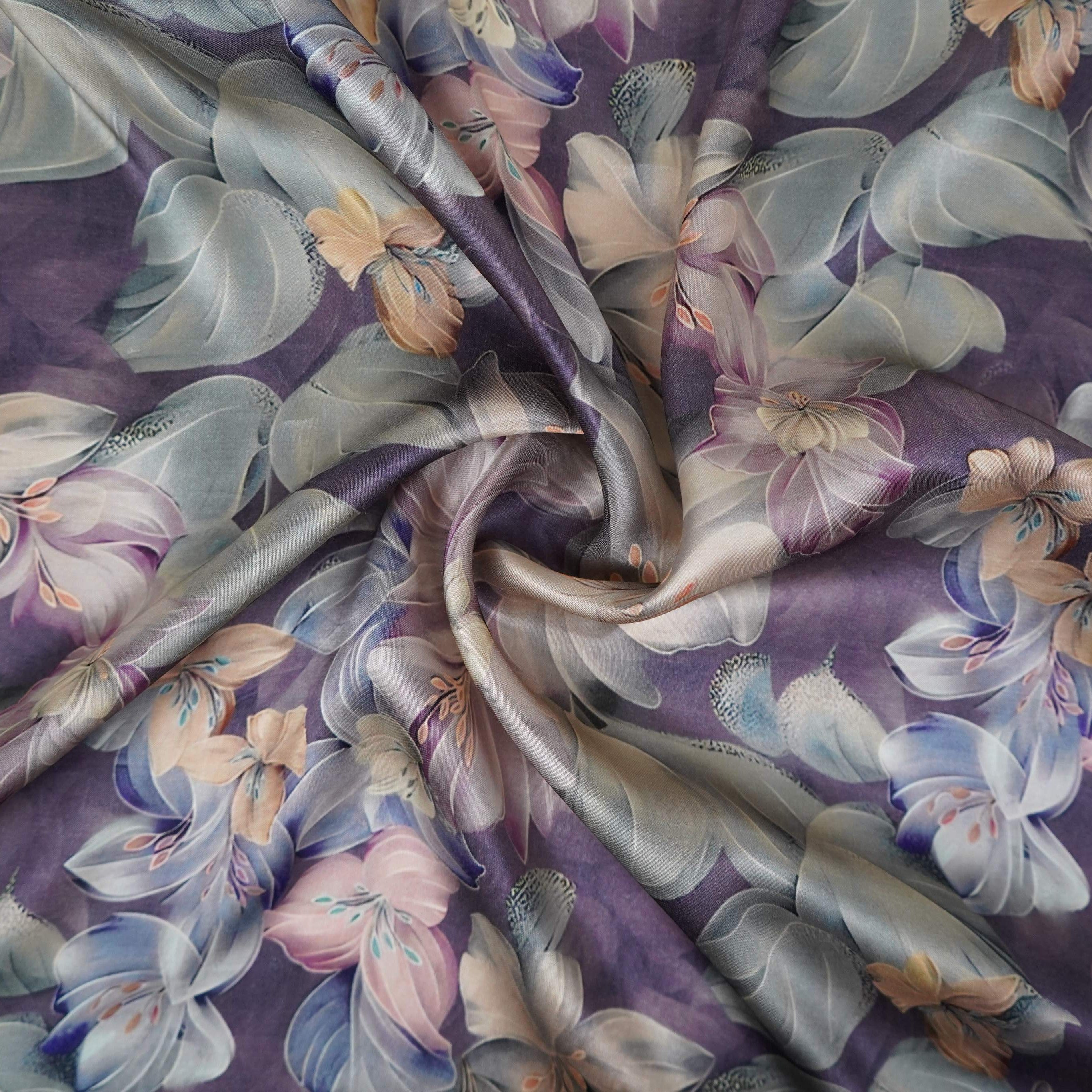 Greyish Purple floral print Silk Satin Fabric NVC-31573 - TradeUNO
