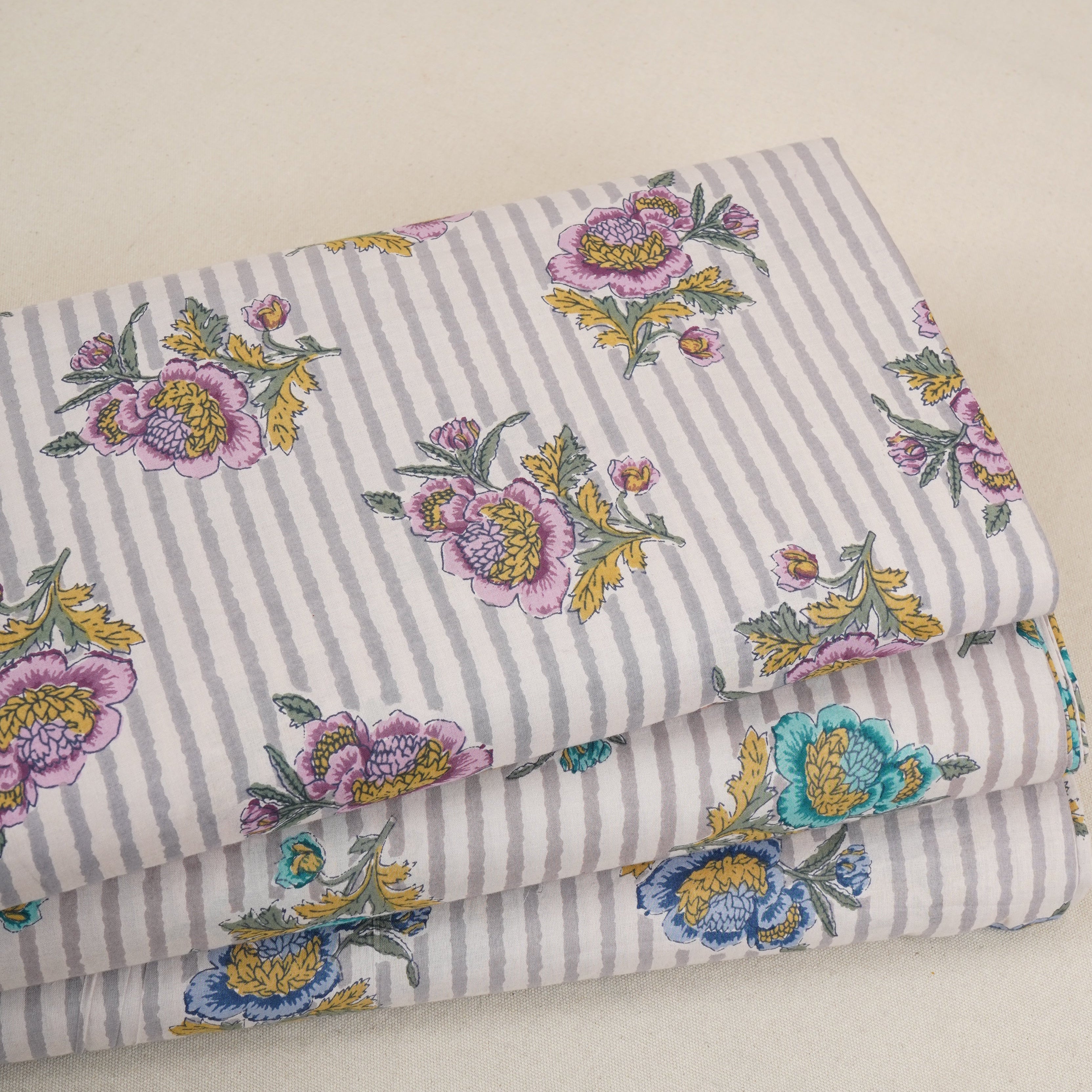 Off White & Grey Stripes Floral Print Cotton Fabric PB-29732 - TradeUNO