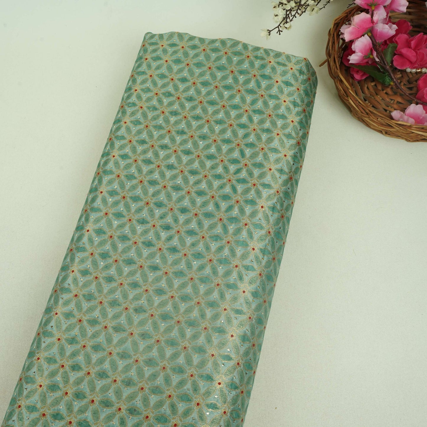 Sky Blue Mukesh Work Organza Brocade Fabric YHF-32834