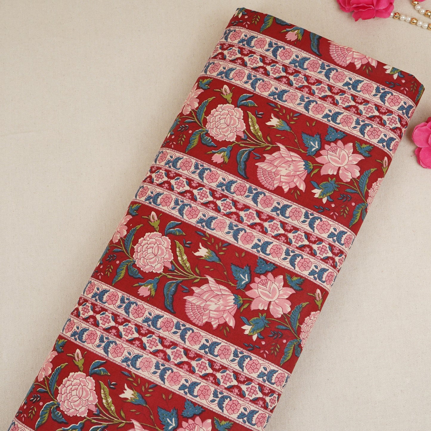 Red & Maroon Kalamkari Print Cotton Fabric PB-29739