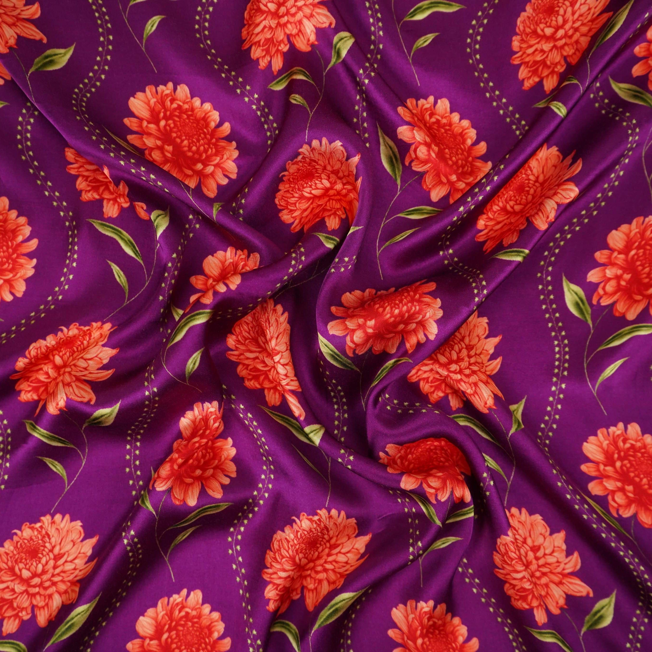 Purple floral print Silk Satin Fabric NVC-31566 - TradeUNO