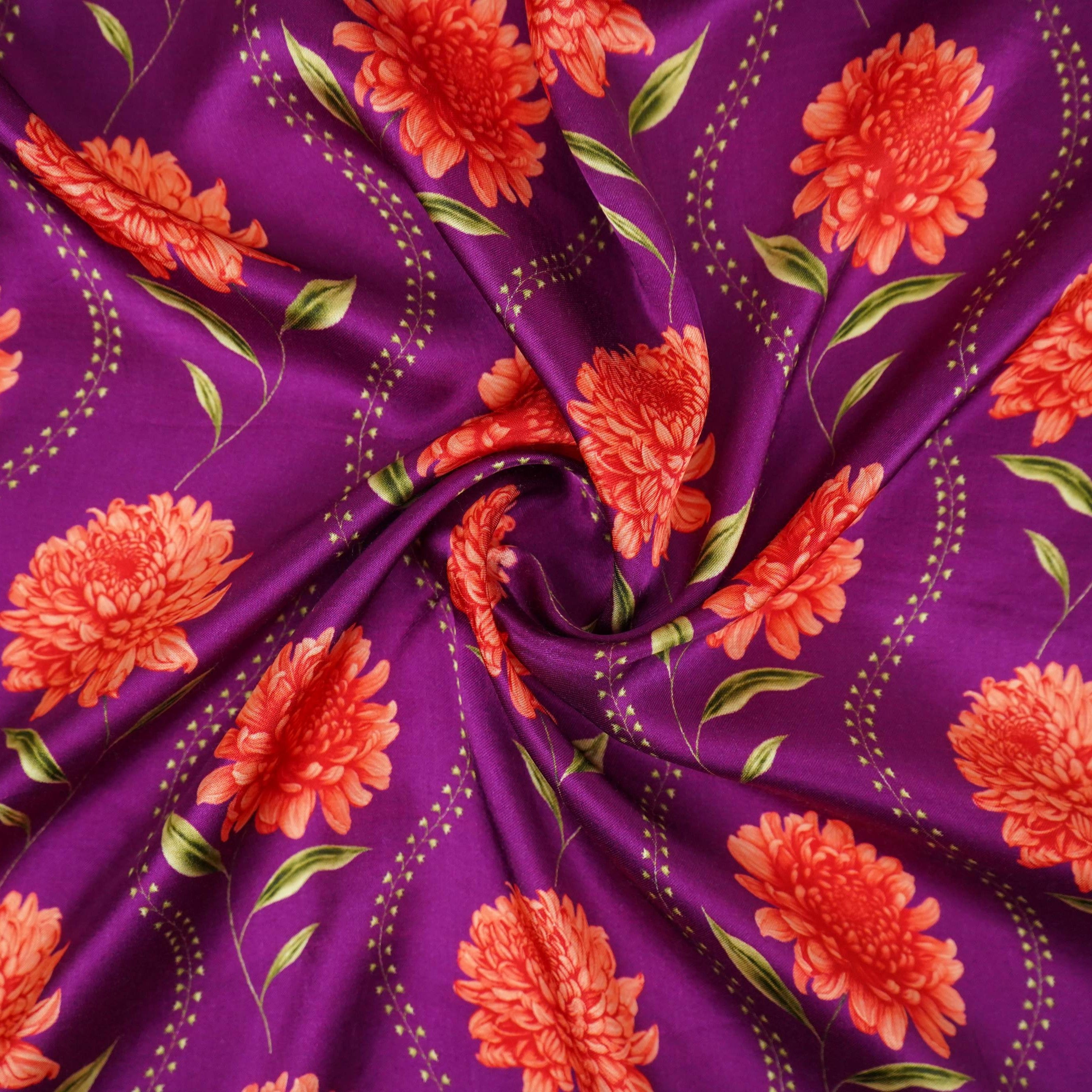 Purple floral print Silk Satin Fabric NVC-31566 - TradeUNO
