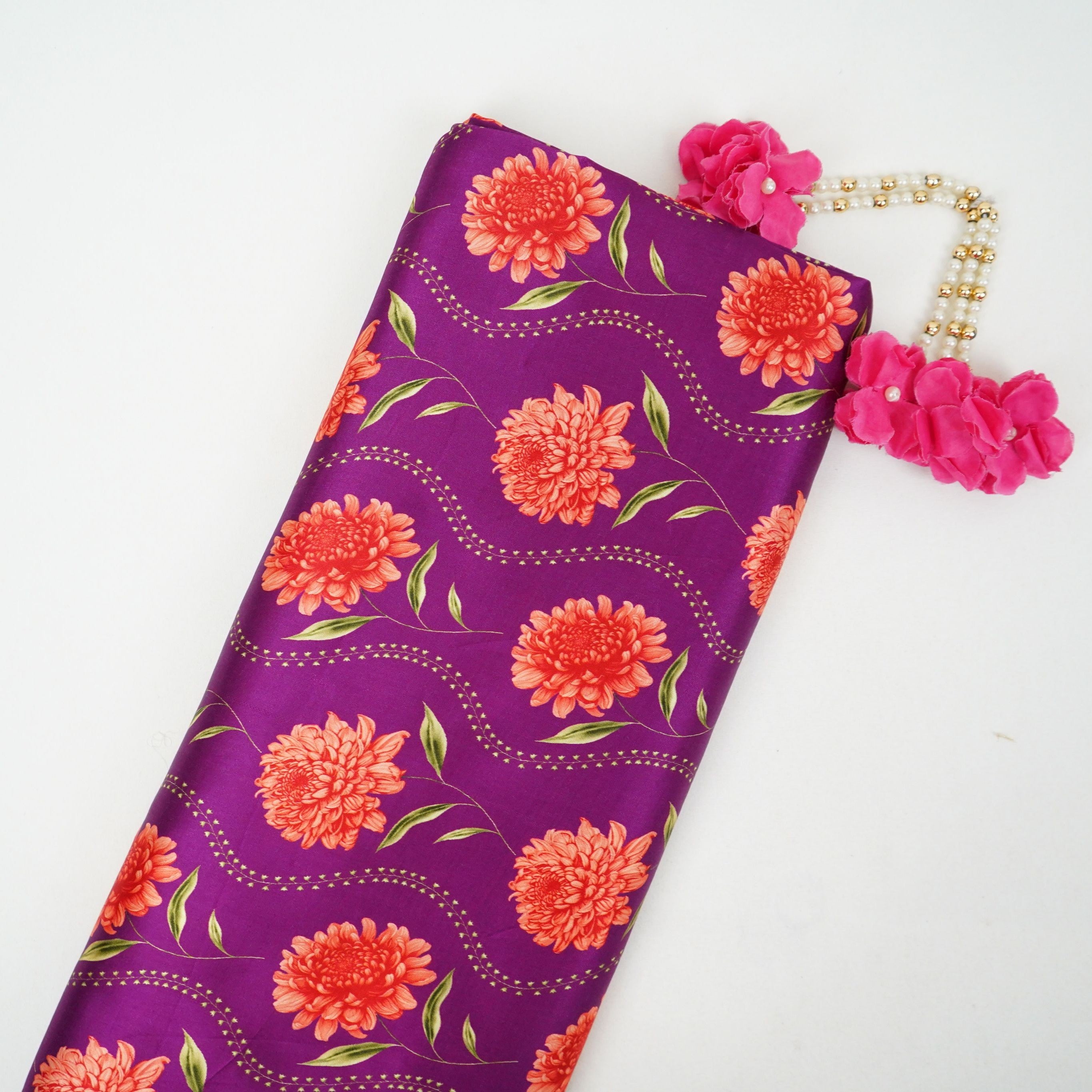 Purple floral print Silk Satin Fabric NVC-31566 - TradeUNO