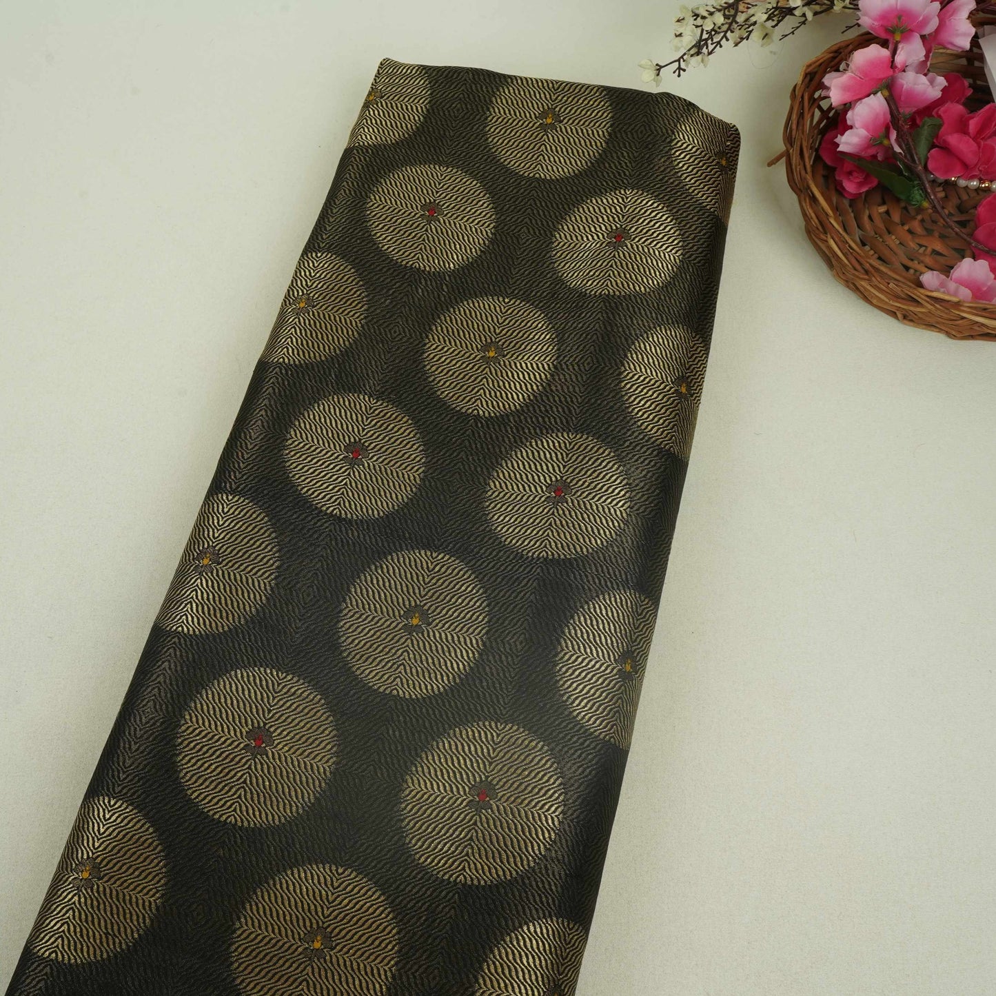 Black Zari Buta Dupion Silk Tissue Fabric YHF-32821