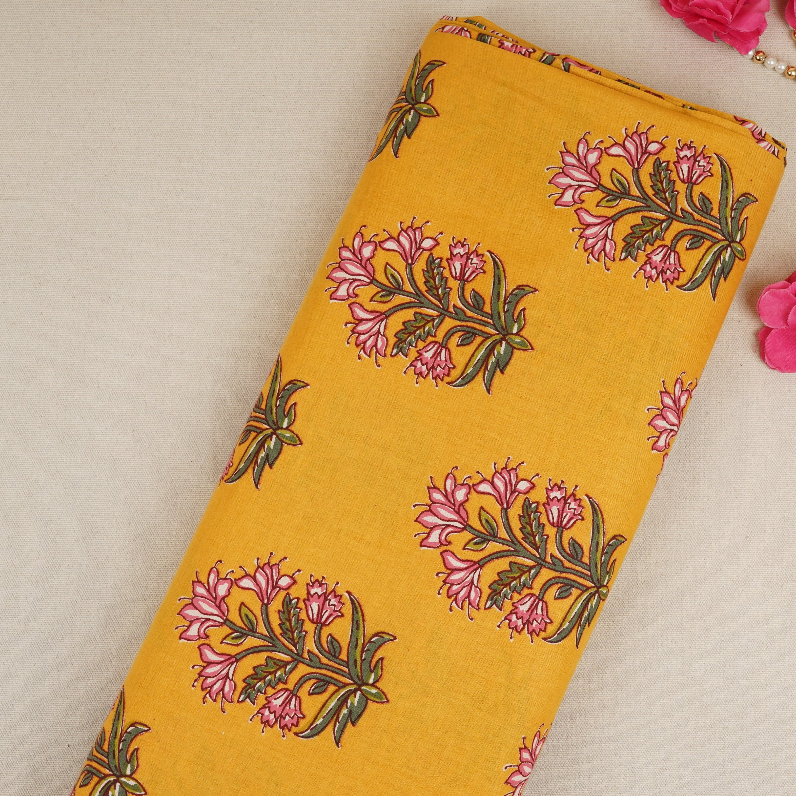 Yellow Floral Block Print Cotton Fabric PB-29725 - TradeUNO