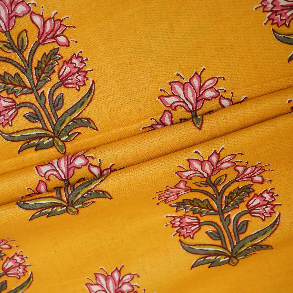Yellow Floral Block Print Cotton Fabric PB-29725 - TradeUNO
