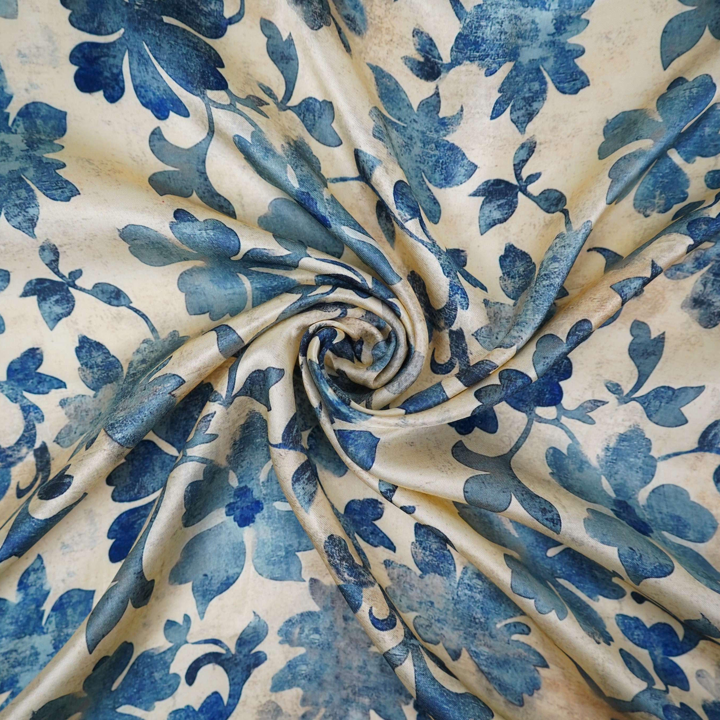 Ivory floral print Silk Satin Fabric NVC-31562 - TradeUNO