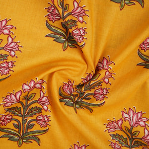 Yellow Floral Block Print Cotton Fabric PB-29725 - TradeUNO