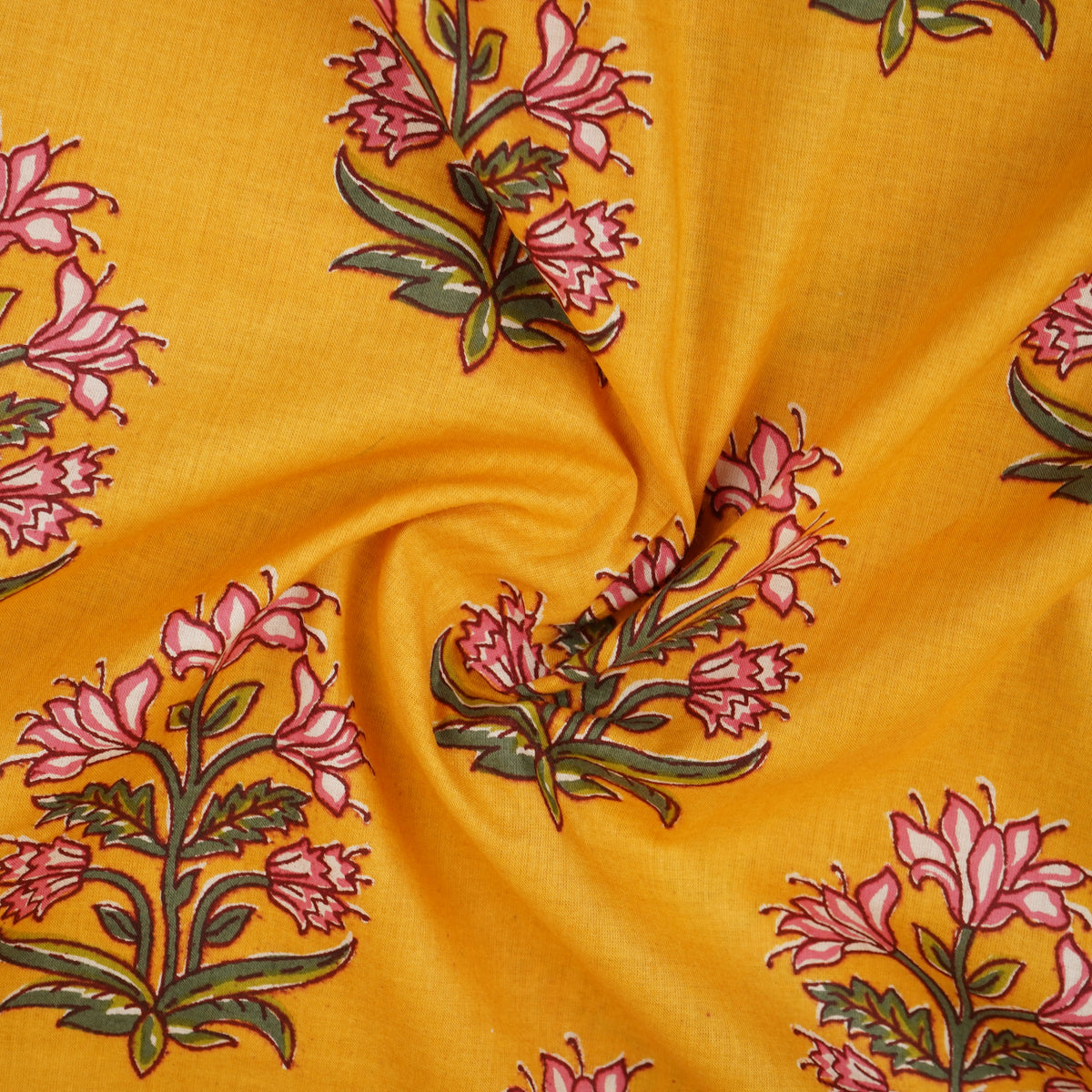 Yellow Floral Block Print Cotton Fabric PB-29725 - TradeUNO