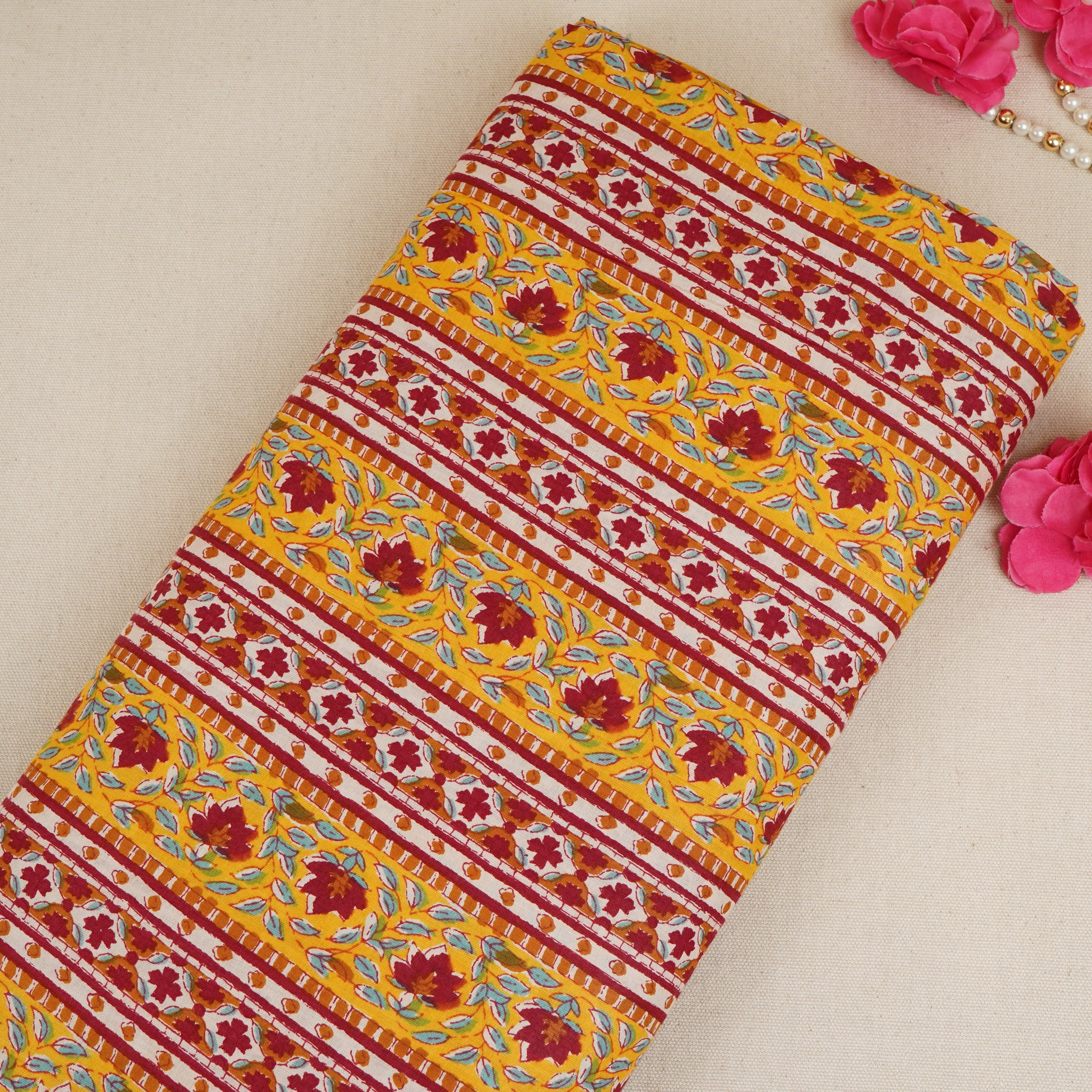 Yellow with Maroon Ajrakh Print Cotton Fabric PB-29726 - TradeUNO