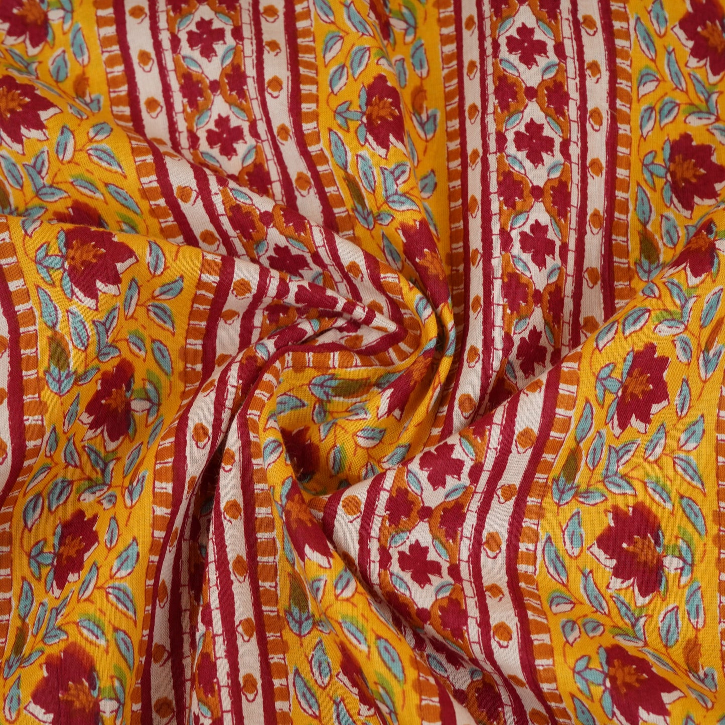 Yellow with Maroon Ajrakh Print Cotton Fabric PB-29726