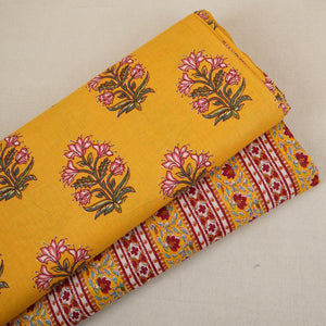 Yellow Floral Block Print Cotton Fabric PB-29725 - TradeUNO