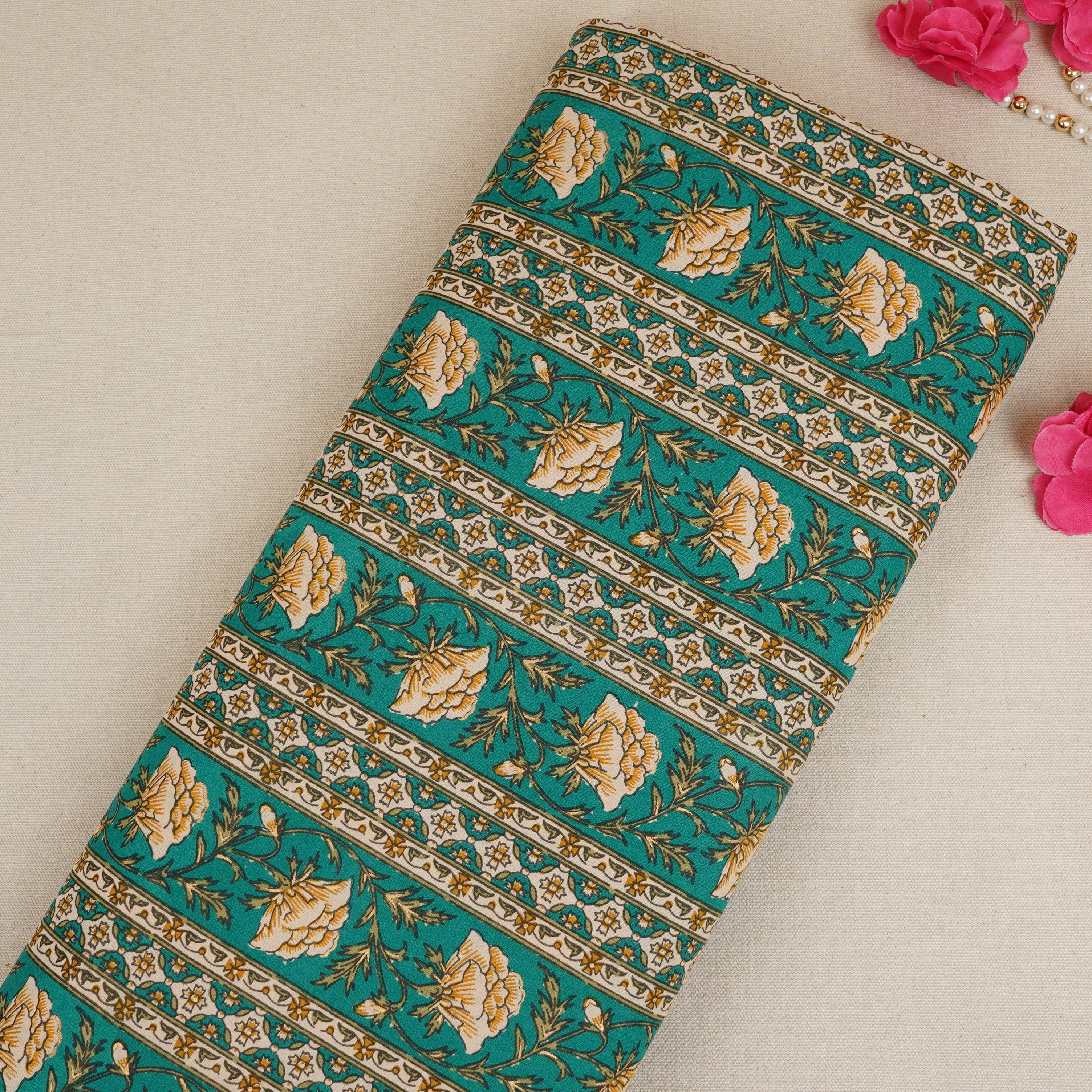 Green Floral Stripes Foil Print Cotton Fabric PB-29711 - TradeUNO