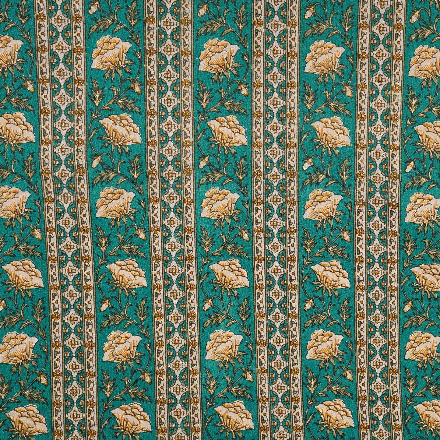 Green Floral Stripes Foil Print Cotton Fabric PB-29711