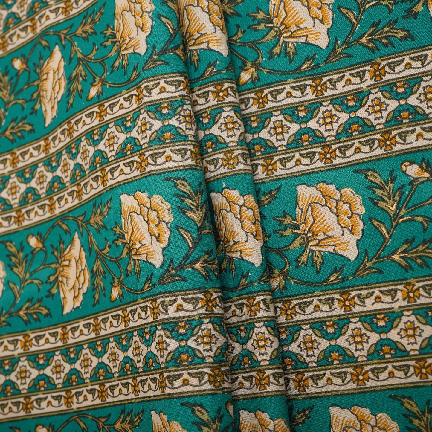 Green Floral Stripes Foil Print Cotton Fabric PB-29711
