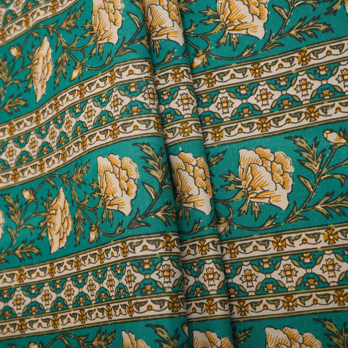 Green Floral Stripes Foil Print Cotton Fabric PB-29711 - TradeUNO