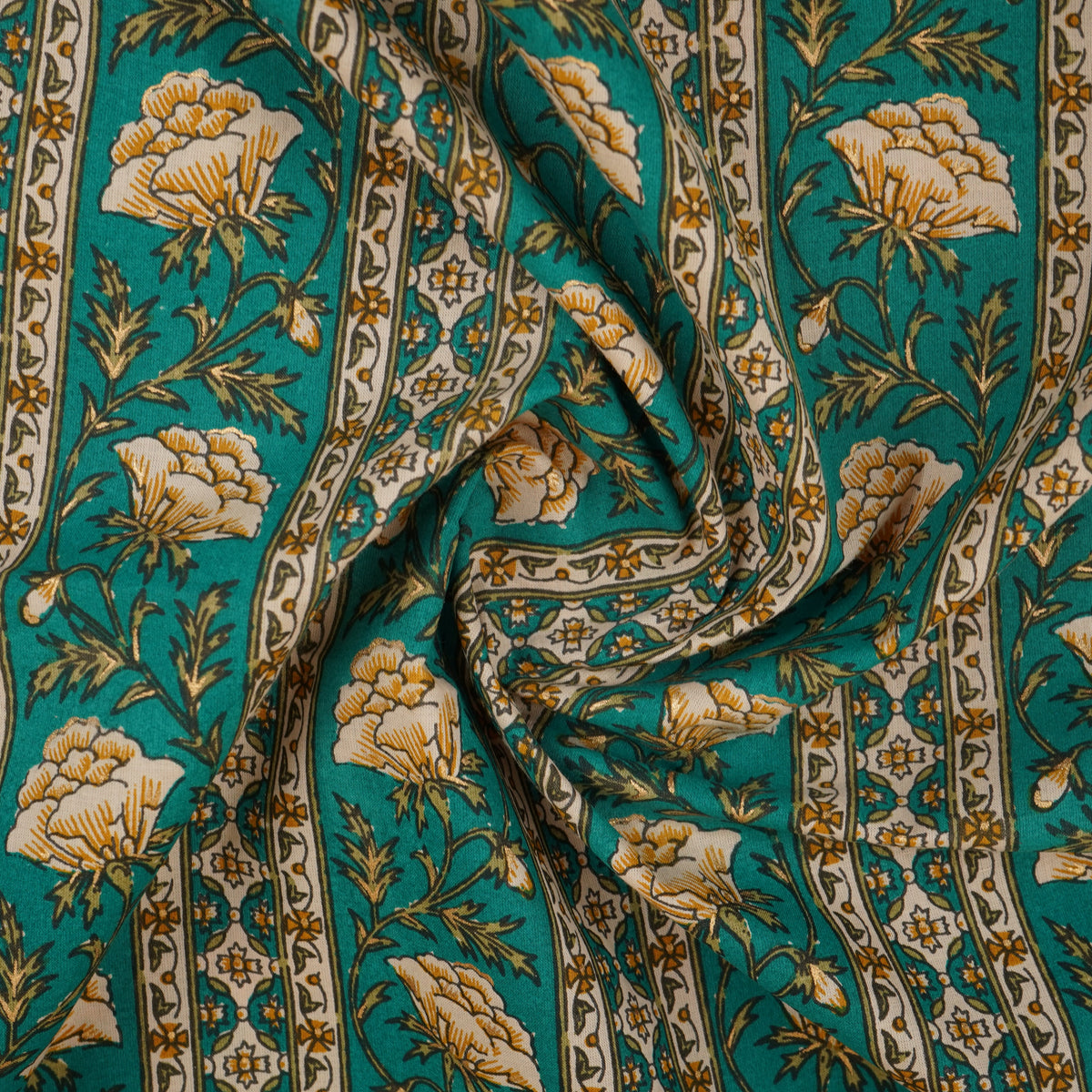 Green Floral Stripes Foil Print Cotton Fabric PB-29711 - TradeUNO