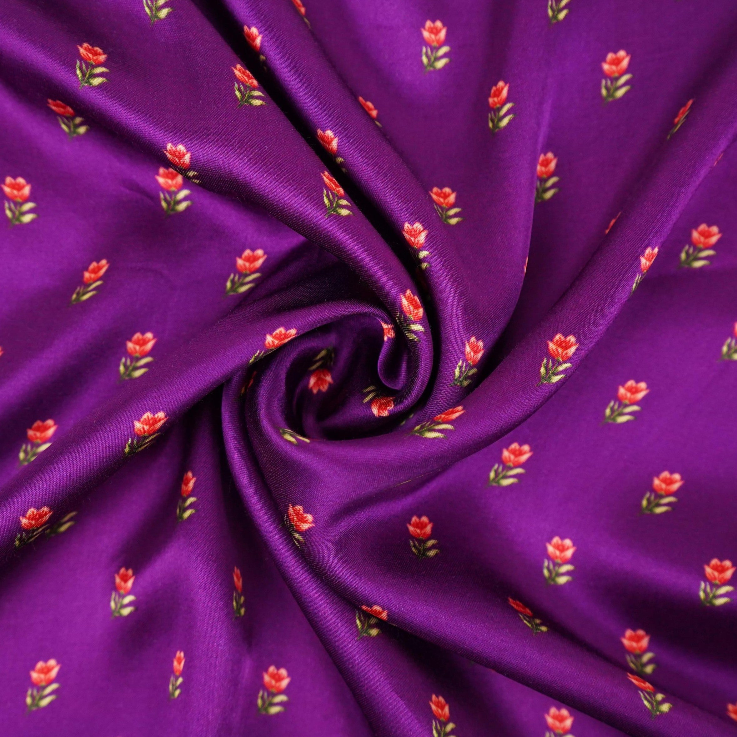 Purple small buti floral print Silk Satin Fabric NVC-31560 - TradeUNO